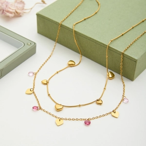 Elegant 18K gold plated stainless steel heart pendant necklace with pink crystal beads