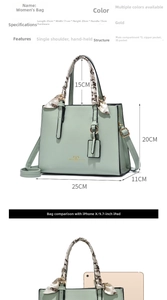 Detailed dimensions of mint green handbag with scarf handle and size comparison to iPad