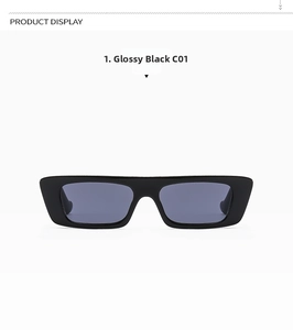 Flat lay detail of bright black rectangular sunglasses with dark tinted lenses