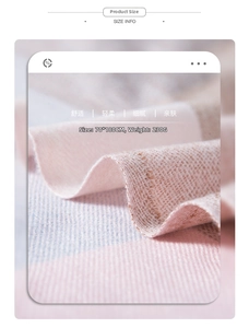 Detail view of pink and blue plaid scarf showing 70x180cm size and 230g weight specs