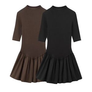 Patchwork Ribbed Knit Half Sleeve Mock Neck Mini Dress Slim Fit Pleated Skirt For Women