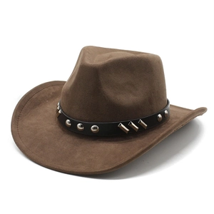 Western Cowboy Hat Suede Fabric Rivet Faux Leather Belt Wide Brim Retro Jazz Fedora For Men Women