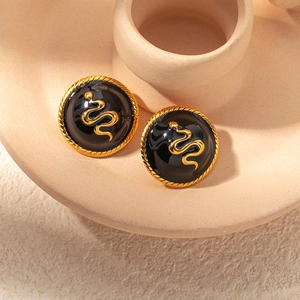 Boucles d'Oreilles Clous Serpent en Acier Inoxydable Vintage pour Femme Émail Noir Or Disque Rond Serpent en Relief Bijoux