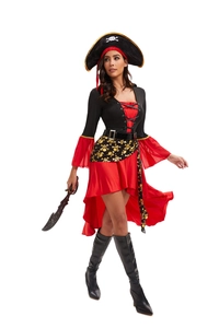 Full view of women's pirate cosplay costume with dress, hat and sword on white background