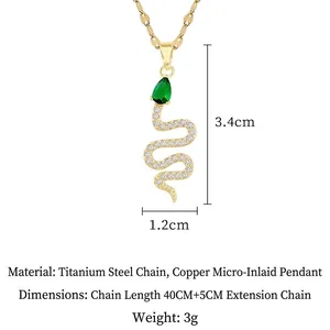 Gold plated snake necklace in titanium steel with green stone and micro zircon pendant