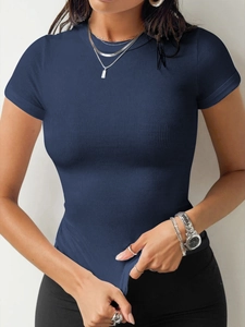 Detail of navy blue slim fit ribbed knit t-shirt with crew neck and short sleeves