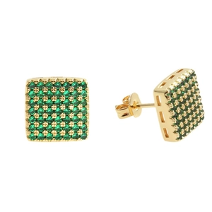 18k gold plated hexagonal earrings with green zircon stones, front and side view on white