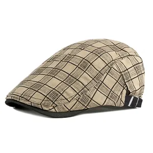 Classic plaid beret hat in khaki with black checkers and adjustable silver buckle