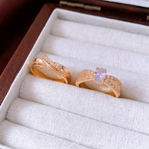 Copper Zircon Open Ring For Women French Retro Style Adjustable Oval Purple Stone Fashion Jewelry Gold Plated