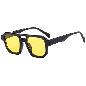 Retro punk oversized black square sunglasses with vibrant yellow lenses and double bridge