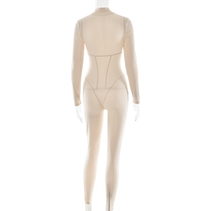 Back view of beige long sleeve jumpsuit with waist-shaping seams and high collar