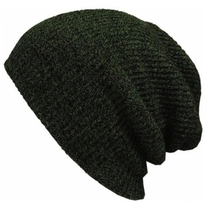 Winter dark green knitted beanie hat for men and women with thick textured wool fabric