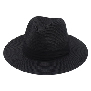 Classic black Panama straw hat with a wide brim and matching ribbon band for a vintage look