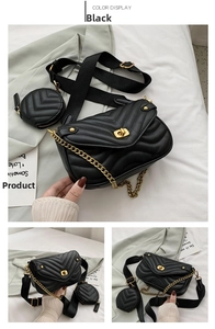 Detail of black V-quilted crossbody bag with gold hardware and round coin purse