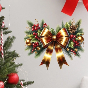 Detailed Christmas wall sticker featuring a golden bow, pine needles and red berries