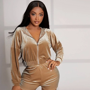 Women's 2-piece velvet tracksuit set with cropped zip-up hoodie and high-waist shorts in camel