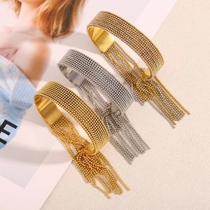 Adjustable 18K gold-plated stainless steel cuff bracelet with bead tassels for women