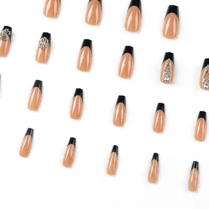 Long coffin black French press on nails with 3D dollar sign and rhinestone decorations