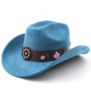 Detail of blue suede cowboy hat featuring brown leather band and pink flower embroidery