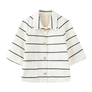 Striped knit cardigan set with gold buttons and white blue nautical texture pattern
