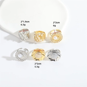 Set of minimalist floral open rings with vintage pearls and crystals in gold and silver