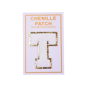 Detail of chenille letter T patch with gold glitter borders and peel and stick adhesive