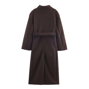 Deep brown long wool coat for women with standing collar and matching belt back view