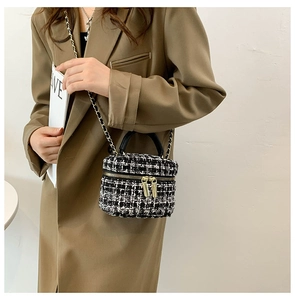 Elegante zwart-witte tweed vanity case met gouden kettingriem getoond op een model