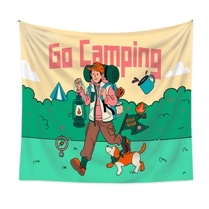 Vue détaillée de la tenture camping Stay Wild avec un randonneur et décor extérieur