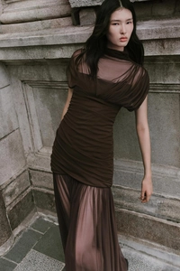 Detailed view of dark brown mesh maxi dress with ruching and high collar details