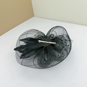 Detail of vintage black mesh fascinator with feathers and polka dots on a metal clip