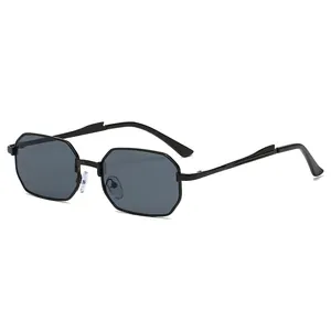 Retro octagonal black metal sunglasses with dark grey lenses and geometric frames