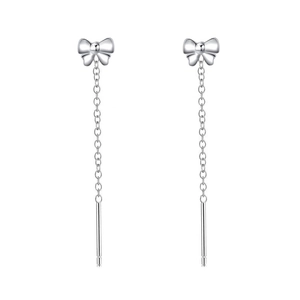 Elegant S999 sterling silver bowknot threader earrings with delicate long tassels for women