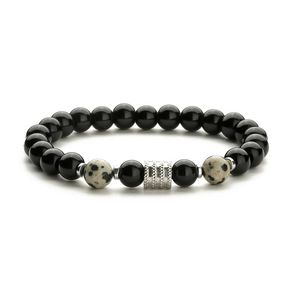 Mens beaded bracelet with black obsidian, tiger eye stones and silver metal cylinder bead