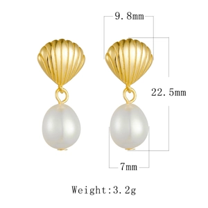Detailed measurement view of S925 silver shell earrings with natural freshwater pearls