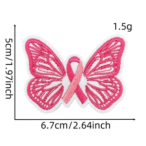Detailed view showing measurements of the pink ribbon butterfly embroidery patch
