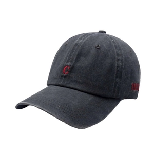 Classic washed denim baseball cap in dark grey with vintage red letter C embroidery