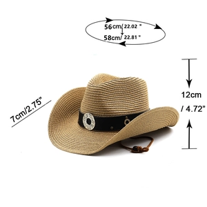 Detailed dimensions of straw cowboy hat with leather band and bohemian metal studs