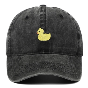 Washed dark grey cotton baseball cap with a yellow duck embroidery on the front