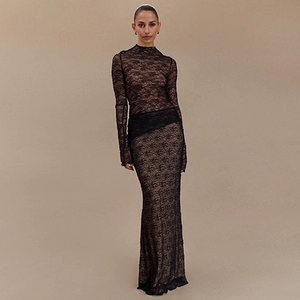 Detailed close-up of semi-transparent black lace fabric on a long-sleeved dress