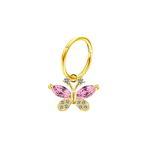 Orecchino a farfalla dorato con cristalli marquise rosa e pietre trasparenti su bianco