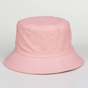 Detail of pink cotton twill bucket hat with multi-row stitching on the brim