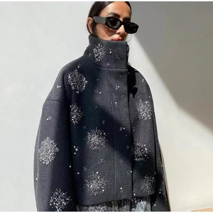 Women's dark gray embroidered woolen jacket with beaded snowflake patterns and stand collar
