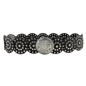 Cintura vintage in pelle nera stile western con borchie metalliche tonde e girasoli