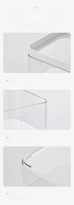 Detail of transparent drawer organizer with rounded edges and thick anti-wear base