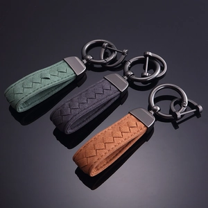 Braided suede car keychain with metal ring in green black and brown colors
