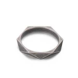 Minimalist geometric hexagon ring in vintage silver stainless steel with matte finish