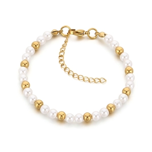 Elegant woven glass bead bracelet with white faux pearls and golden alloy beads