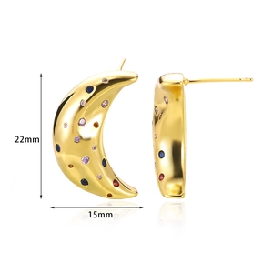 Detailed view of gold moon earrings with colorful zircons and precise dimensions