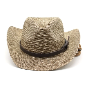 Classic straw western cowboy sun hat with leather band and adjustable wind strap